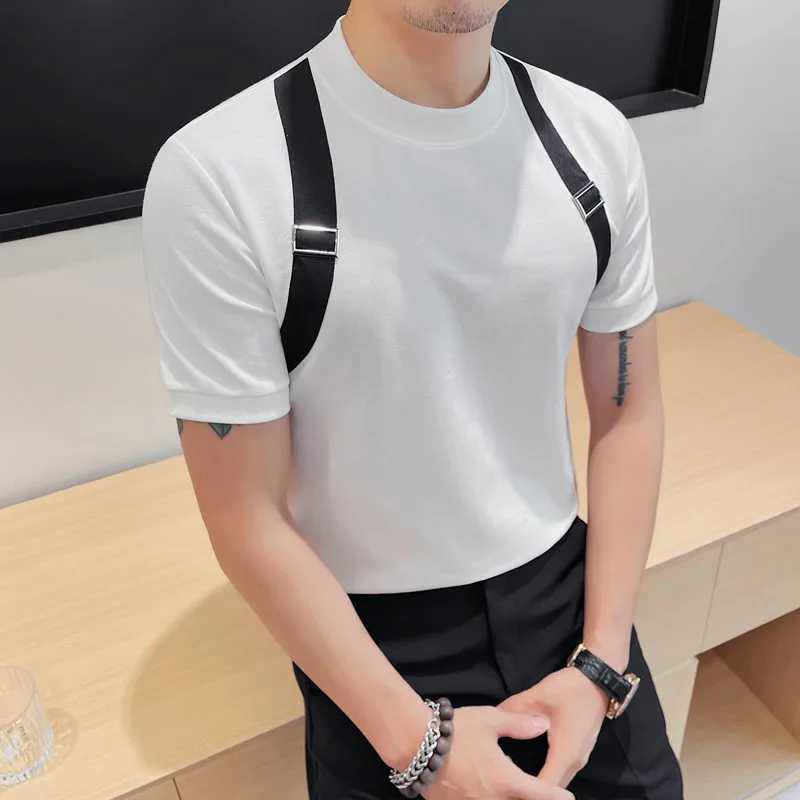Black/White T-Shirts For Men Personalized Shoulder Strapss Short Sleeve Mens T Shirt Slim Fit Summer Casual Tops Tees Homme 4XLXJ240819