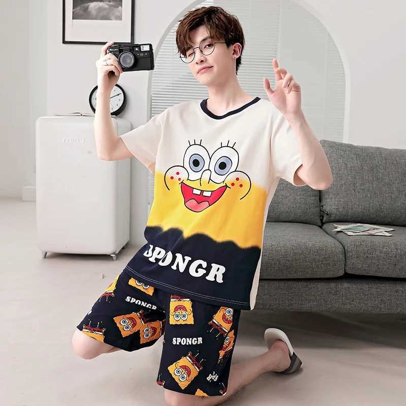 Summer two-piece mens sleepwear set mens comfortable short sleeved loose sleepwear casual set mens sleepwear setW240719