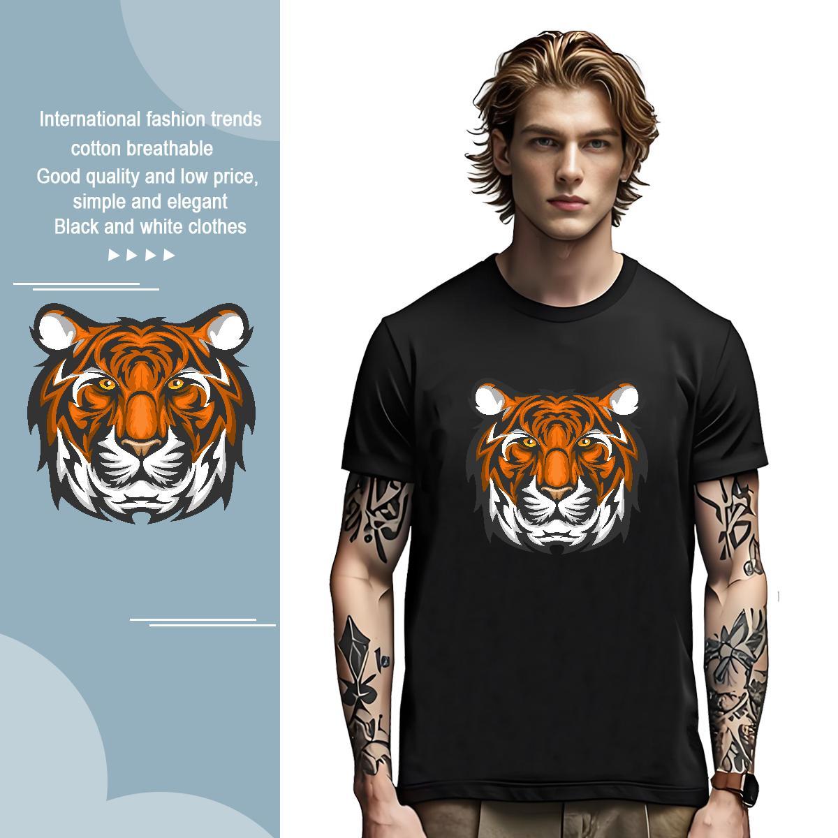 Comfortable T-Shirts for Men tiger Breathable Crew Neck Street Casual Anime 230g 100% Cotton Men Clothes T-Shirt 2024 Summer Polos