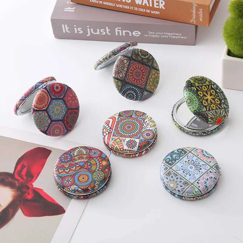 1 Piece Bohemian Style Makeup Mirror Portable Pu Double-Sided Folding Circular Retro Pocket Makeup Mirror Y240819