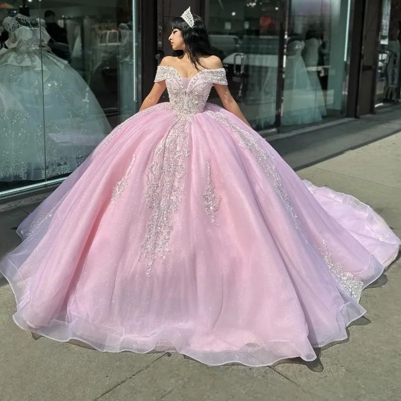 Pink Shiny Quinceanera Off The Shoulder Applique Lace Beads Mexican Vestidos 15 De Princess Sweet 16 Birthday XV Ball Gown Cinderella Girl Dress
