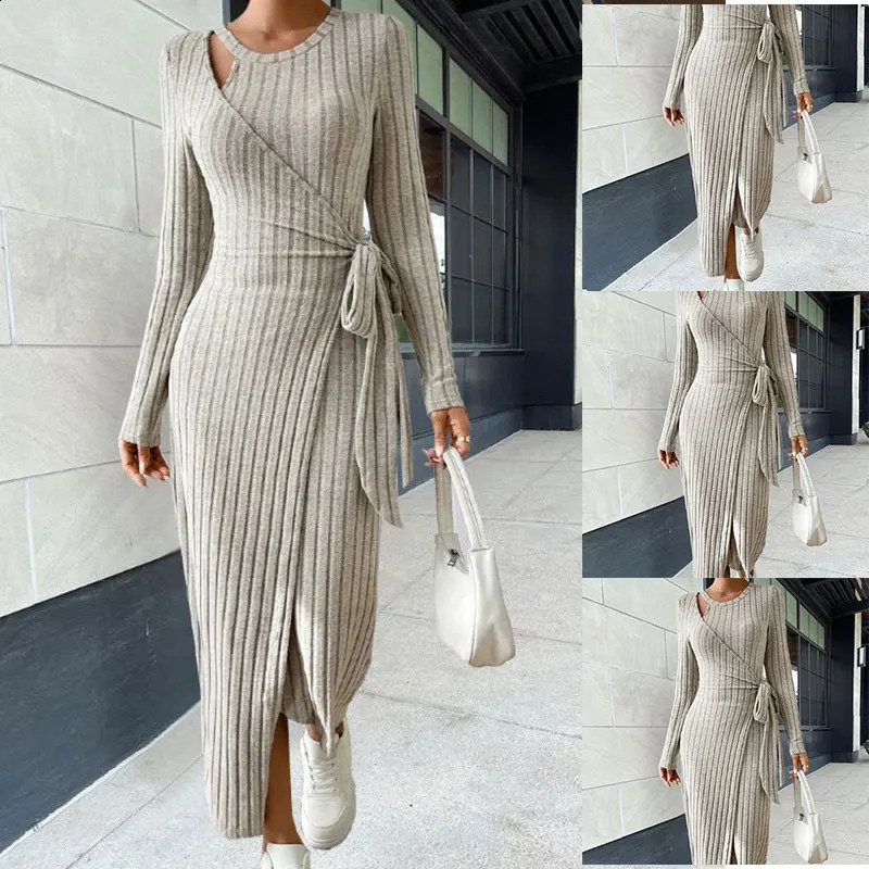 Autumn/Winter Womens Fashion and Elegant Commuting Round Neck Solid Long Sleeve Lace up Waist Knitted Dress 240819