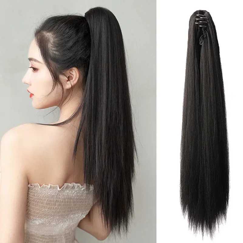 Wigsin synthetic long straight ponytail claw clip hair extension smooth black brown female wig W240817