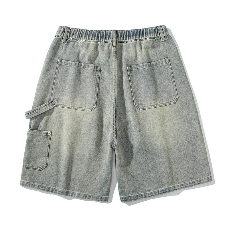 Summer street goods shorts mens retro jeans washed yellow mud dyed casual loose straight wide denim 240819