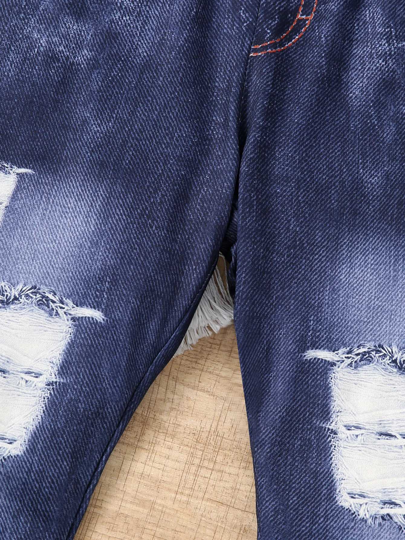 Spring and summer imitation denim childrens girls tear pocket pants fashion retro pantsW240819