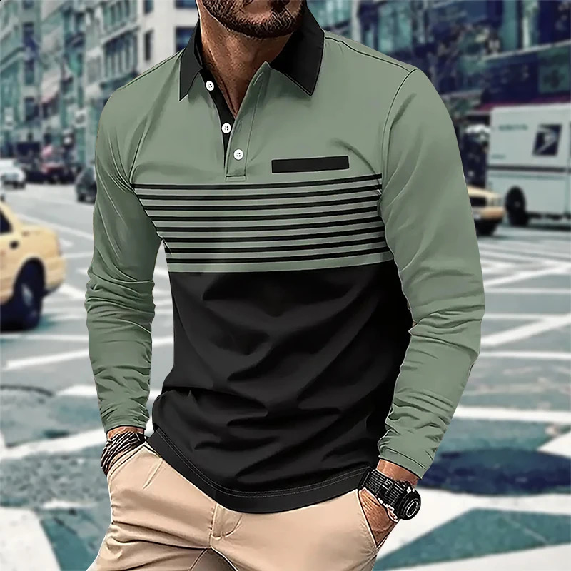Mens Business Casual Polo Long Sleeve T-shirt spring and autumn 3D stripe printing Comfortable and Breathable Top 240820