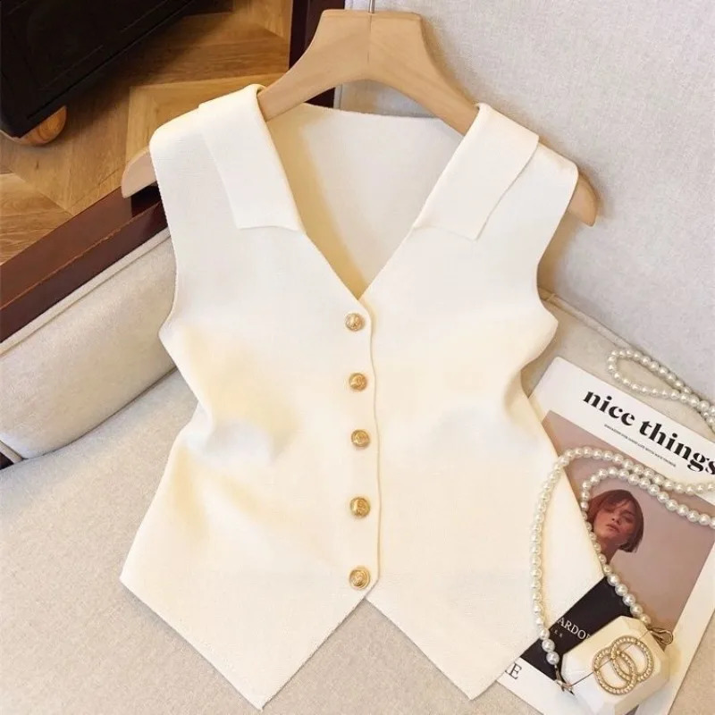 Vneck set womens summer silk knitted cardigan wool sweater French sleeveless slim fit top 240819