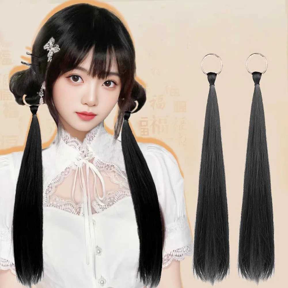 1 new wig ponytail womens new Chinese style hair clip extended ponytail long filament straight hair double braid W240817