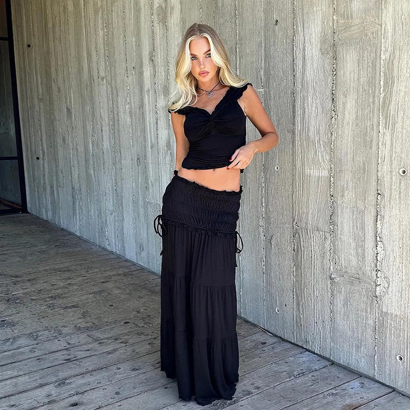 Lygens Off The Shoulder Sleeveless Cross Ruffles WomenS Tops Tshirts Solid Slim Summer Streetwear Fashion Casual Clothing 240819