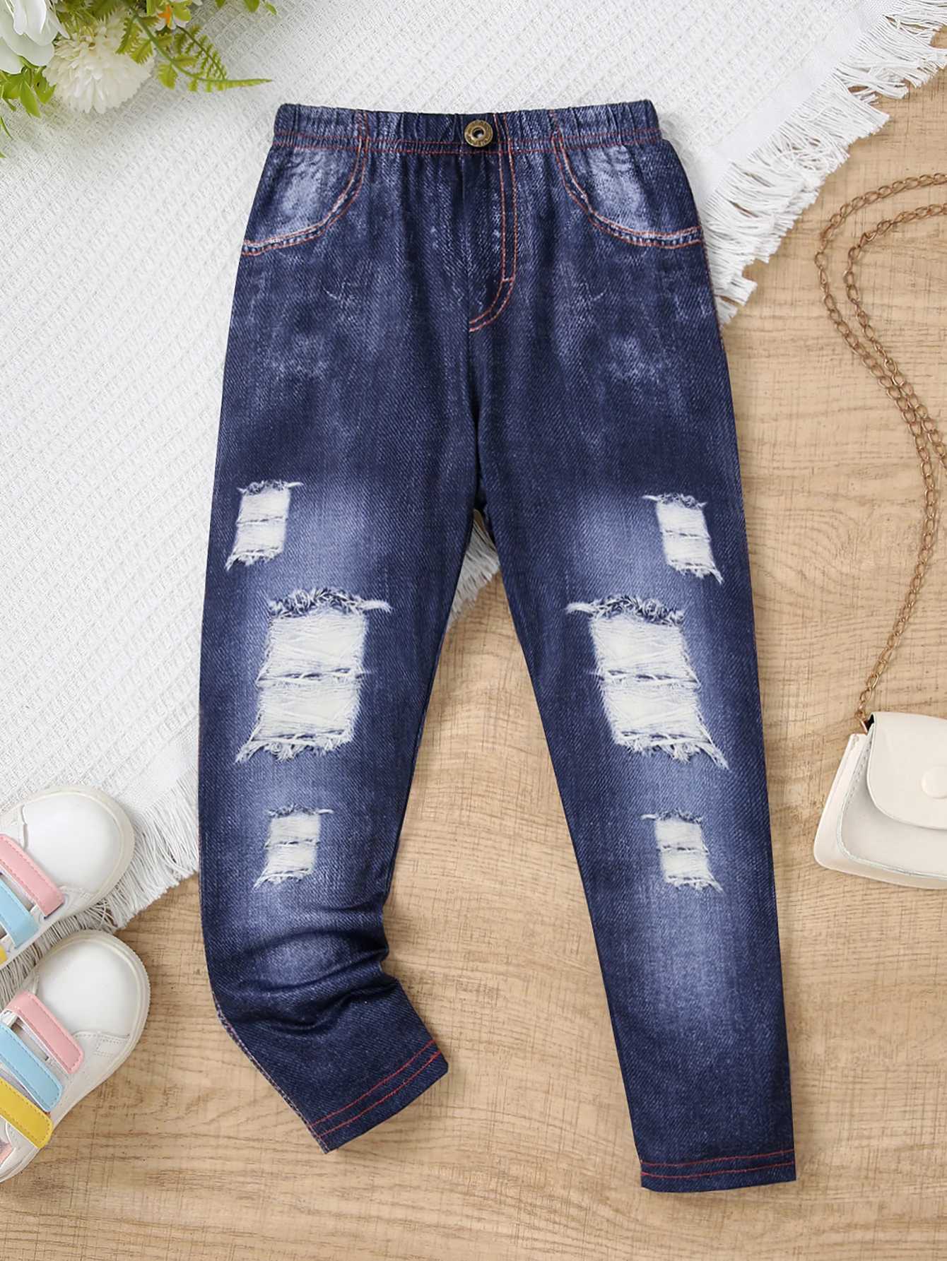 Spring and summer imitation denim childrens girls tear pocket pants fashion retro pantsW240819