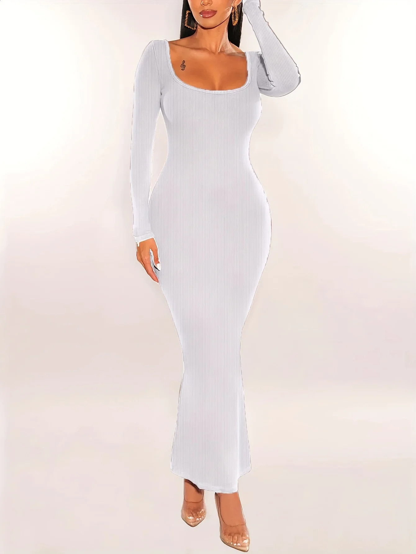 Women Ribbed Knit Long Sleeve Maxi Dress Slim Fit Solid Color Bodycon Pencil Long Dress Casual Fall Spring Clothes 240819