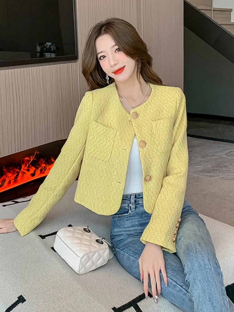 SpringAutumn Womens Single Chest Ultra Thin Short Jacket High Quality Fashion Light Yellow Coarse Linen Casual 240819