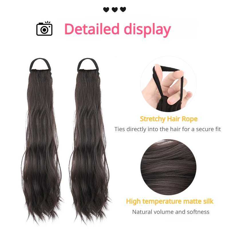 Synthetic fluffy long curly ponytail high elasticity wig with natural woven integrated side for household use womens daily hair W240817