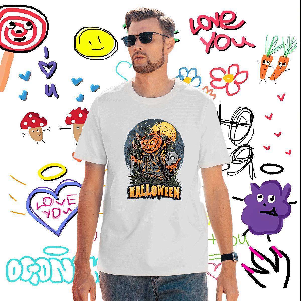 Soft T shirt halloween Pure Cotton Sports Casual Skull 230g Cotton Mens Tshirts Fashion Casual Tee Shirt