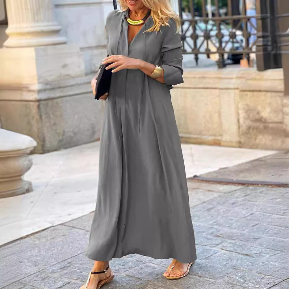 New Large Skirt Solid Color Lapel Long Sleeved Simple Casual Long Shirt Dress