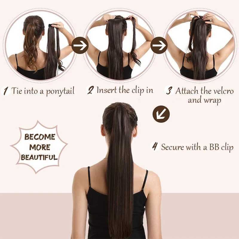 Long and straight ponytail extensions wrapped around synthetic ponytails female hair extensions W240817