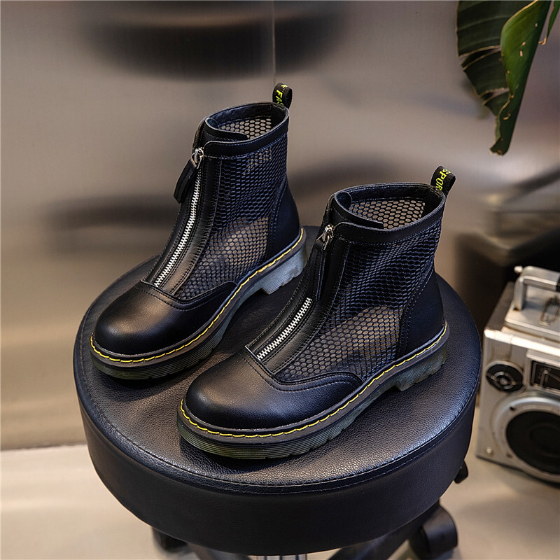 Ddmysports Genuine Leather Martin Summer New Casual Versatile Front Zipper Breathable Mesh Boots For Women S Thick Soles And Mid Length Shoes OUTDOOR