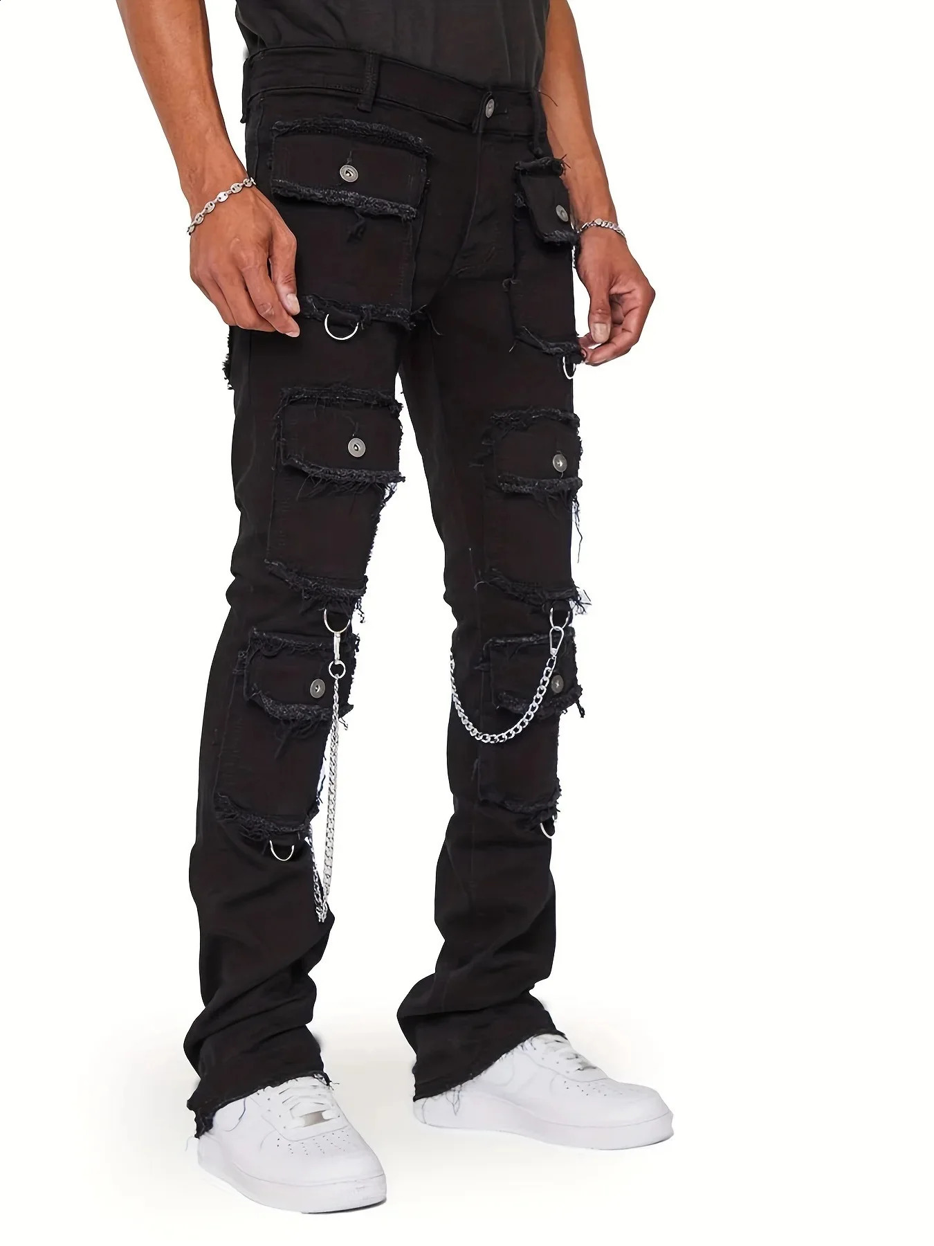 European Mens Cargo Jeans Stretchy Straight Leg Baggy Trousers Slim Fit Chain Patchworks Denim Bottoms 240819