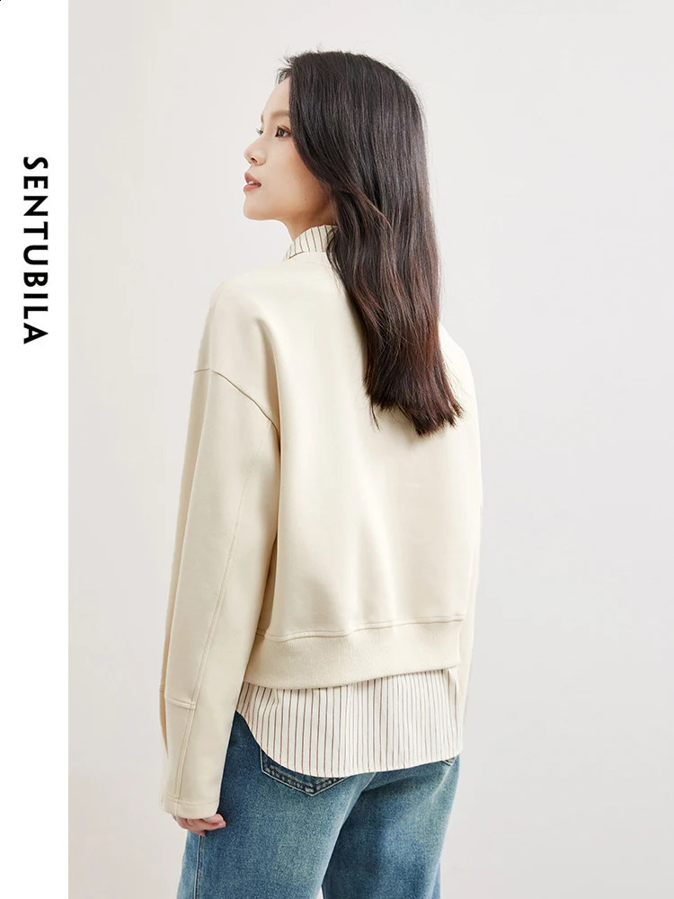 SENTUBILA Almond Simple Round Neck Sweatshirt for Women Spring Straight Casual Zipper Womens Long Sleeve Top 141A52744 240814