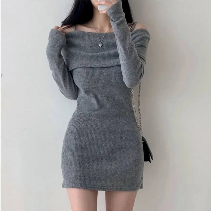 Off Shoulder Suspender Lapel Knit Dress Women Korean Sexy Slim Bottomed Mini Dresses Autumn Winter Solid Suspender Sweater Dress 240819