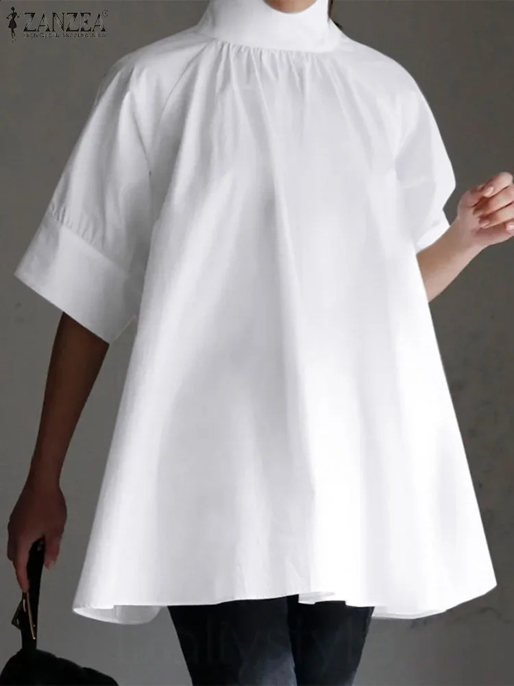 ZANZEA Elegant Womens High Neck Half Sleeve Shirt Summer Casual Loose Shirt Fashion Work OL Top Womens Party Blusas Chemise 240820