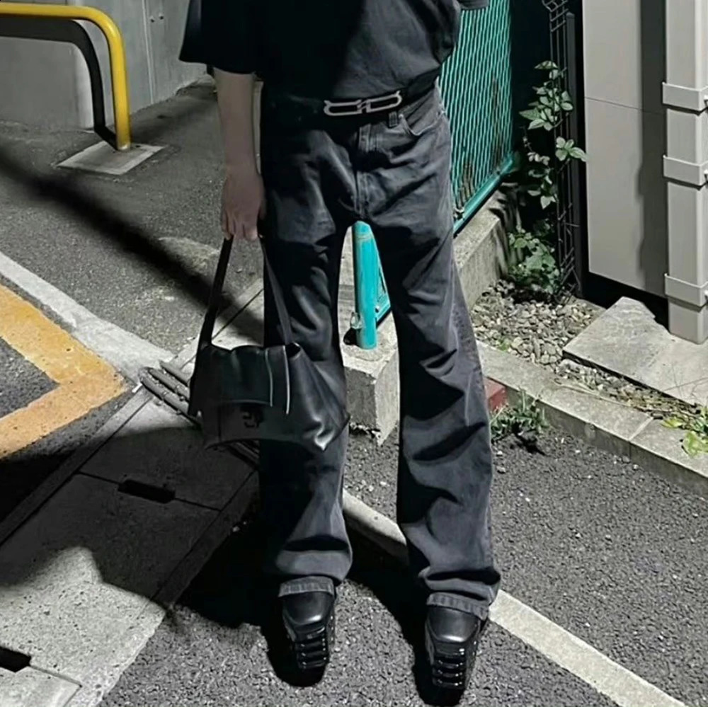 High Street Washed Vintage Black Flare Jeans Pants for Men Straight Baggy Y2K Casual Denim Trousers Unisex Oversized Loose Cargo 240819