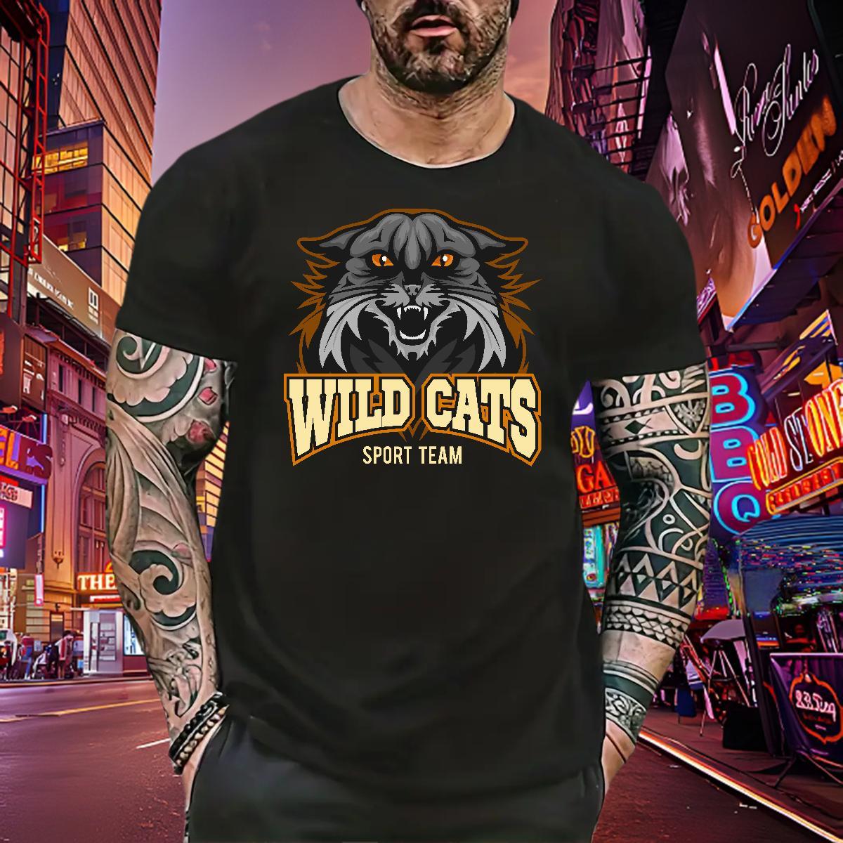Unisex T-Shirts for Men wild cat O-Neck Short Sleeve Hip Hop Street DIY 230g Cotton Men Clothes T-Shirt Fashion Casual Polos