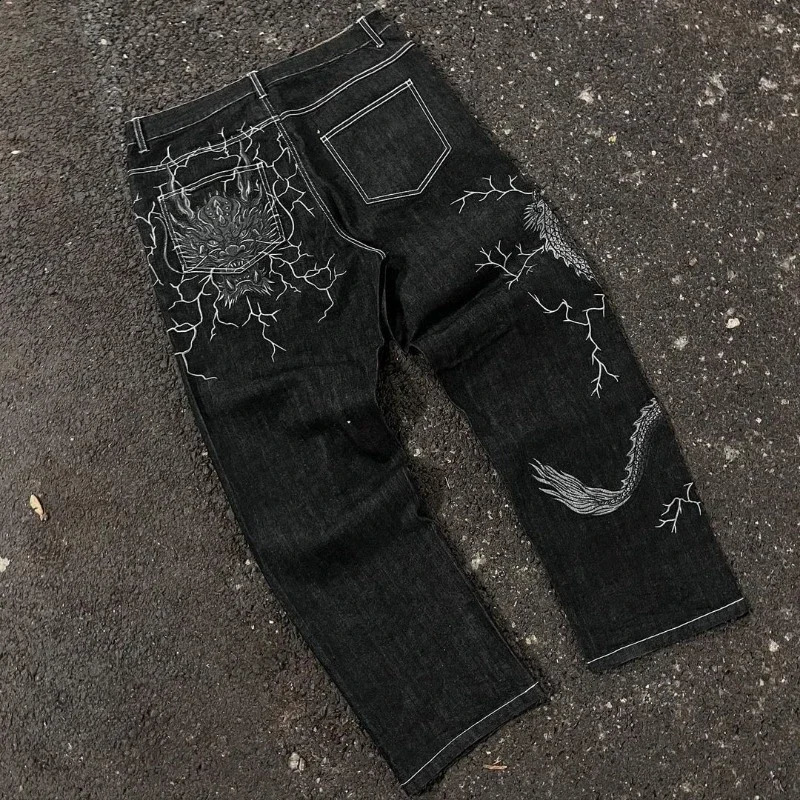 Denim Trousers Y2K Loose Personalized Print American High Street Jeans High Waist Street Wear Washed Trousers 240819