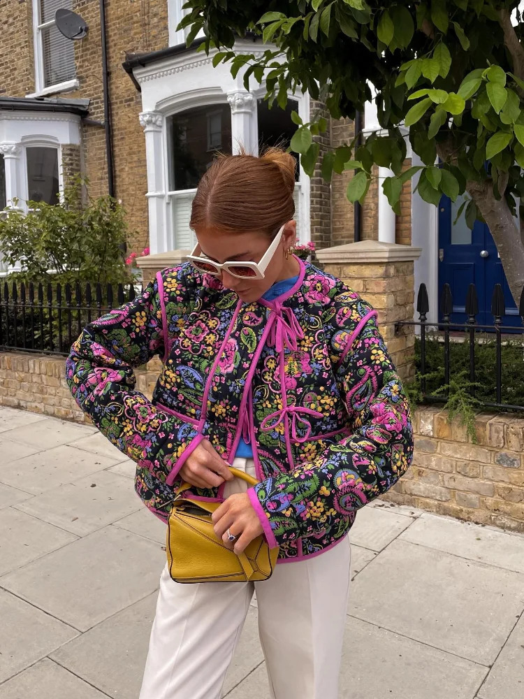 Fashion Women Floral Print Lace Up Cotton Coat Lady Chic Long Sleeved O-neck Pockets Quilted Jacket Autumn Female Warm Outerwear 240819