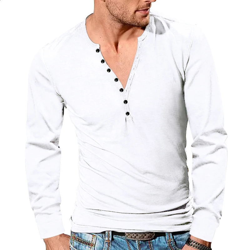 Mens Four Season Henley shirt Vintage Long Sleeve Tshirt Cross border Button VNeck Slim Solid Top 240820