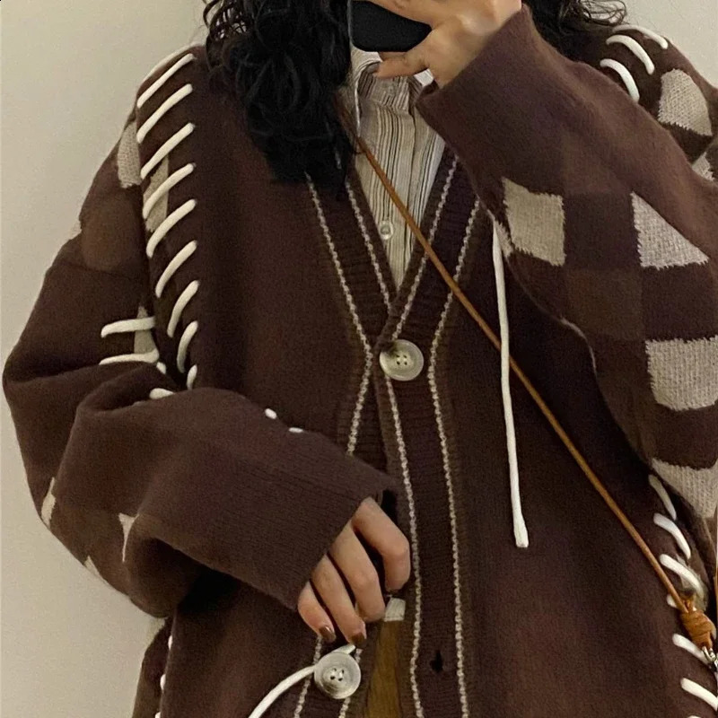 Men Casual Sweater Set Vintage Checkerboard CardiganStriped Long Sleeved ShirtTrendy Wide Leg Pants 3-piece Street Couple Suit 240819