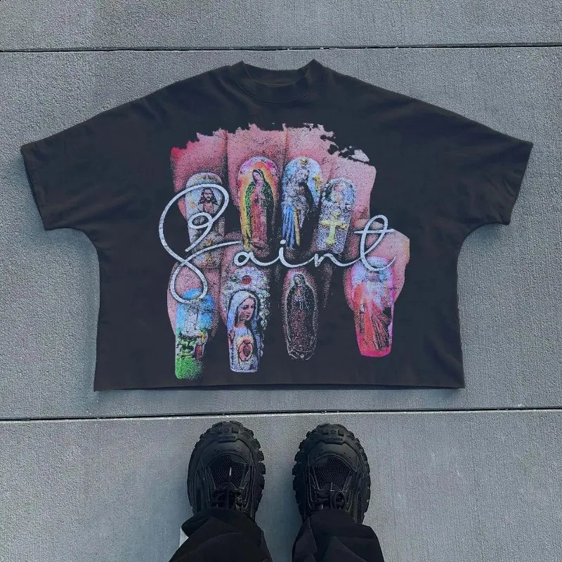 Y2k Top Gothic Trendy Big Mouth Pattern Printed Oversized Tshirt for Mens Summer Loose Harajuku Round Neck Versatile 240819