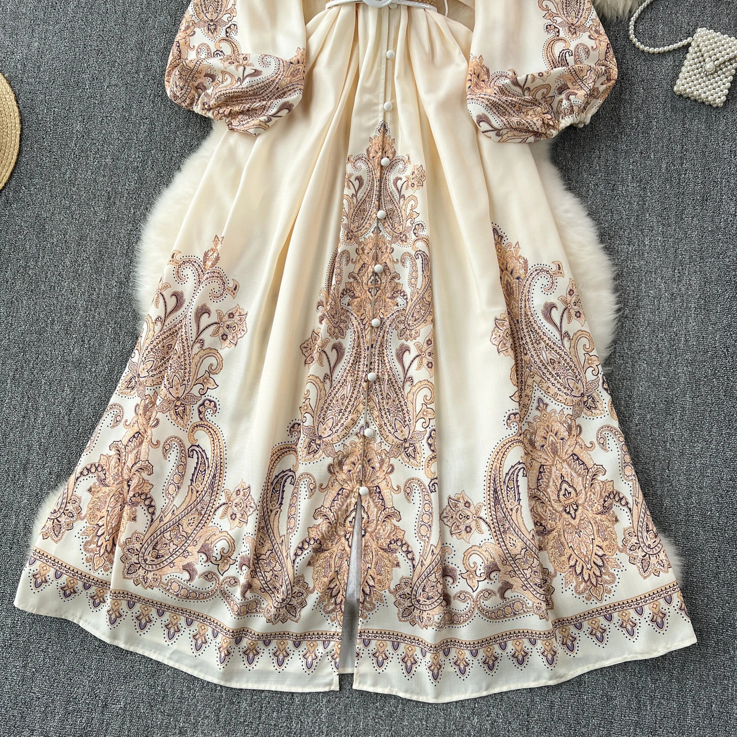 French Vintage Elegant v Neck Puff Sleeve Print Dress A-line Fashion Spring Summer Vestidos Women Dresses