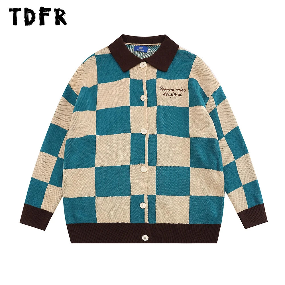 Checkered Knitted Sweater Mens Letter Embroidery Autumn Casual Street Dress Collar Long Sleeve Zipper Style 240819