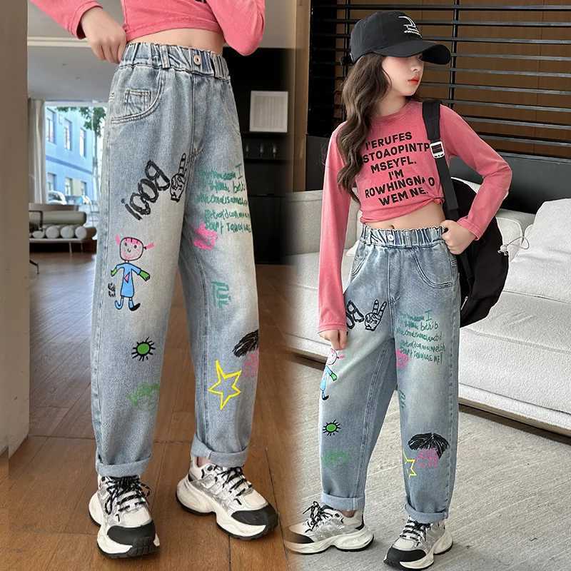 Girls pants printed denim wide leg pants suitable for middle-aged and elderly girls fashionable straight leg pants for 5-14 years oldW240819