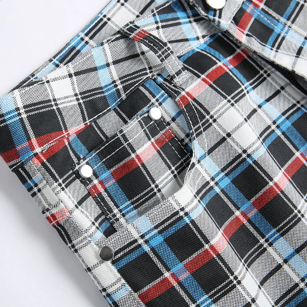 Mens plaid digital printed shorts summer Tatar stretch denim striped fashionable slim fit jeans 240819