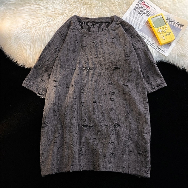 Ripped T shirts Men Hole Y2k Tops Streetwear Summer O-neck Clothing Hip Hop Fashion Teens American Retro Vintage Baggy 240819