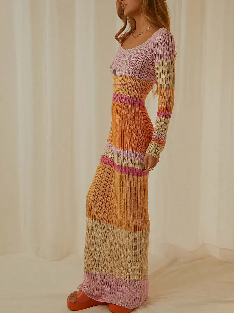 Women Y2K Striped Knit Long Dress Long Sleeve Square Neck Color Block Bodycon Dress Sexy Off Shoulder Dress 2000s Streetwear 240819