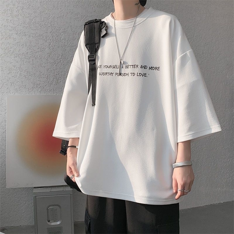 Summer Y2K High Street 34 Sleeve T-Shirts Man Round Neck Printing Oversize Tops Loose Personality Hip Hop Streetwear 240819