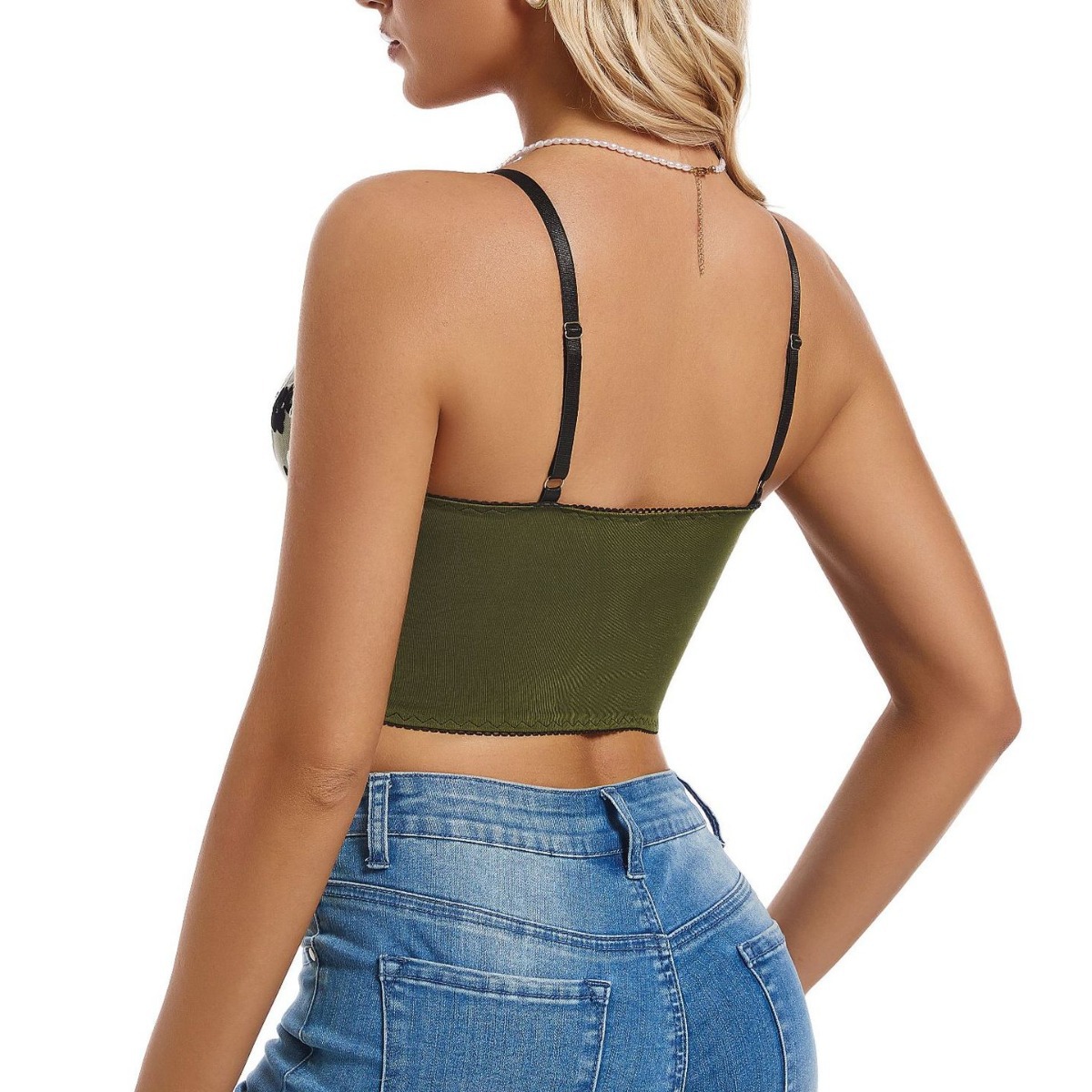 Women's Side Lace Mesh Criss-Cross Crop Top with Floral Embroidery - Stylish Bustier Design for a Chic Look