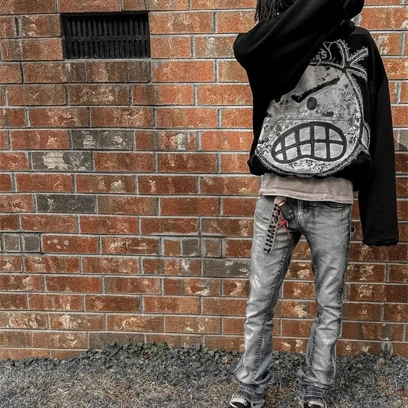 Streetwear Sweatshirt Harajuku Hip Hop Cartoon Graphic Printed Oversized Hoodies Men Women Y2K Gothic Black Pullover Hoodies 240819