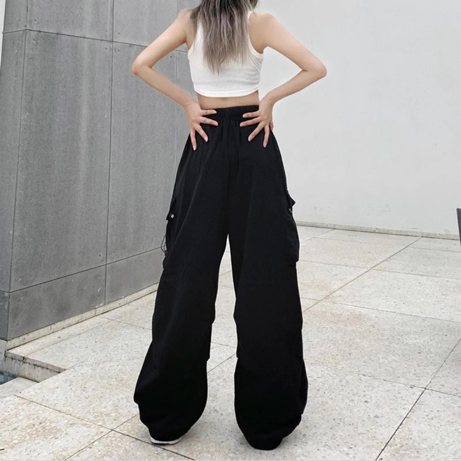 Y2K Women Casual Joggers Tech Solid Low Waist Pants Drawstring Wide Leg Baggy Trousers Y2k Streetwear Oversize Sweatpants Z260314