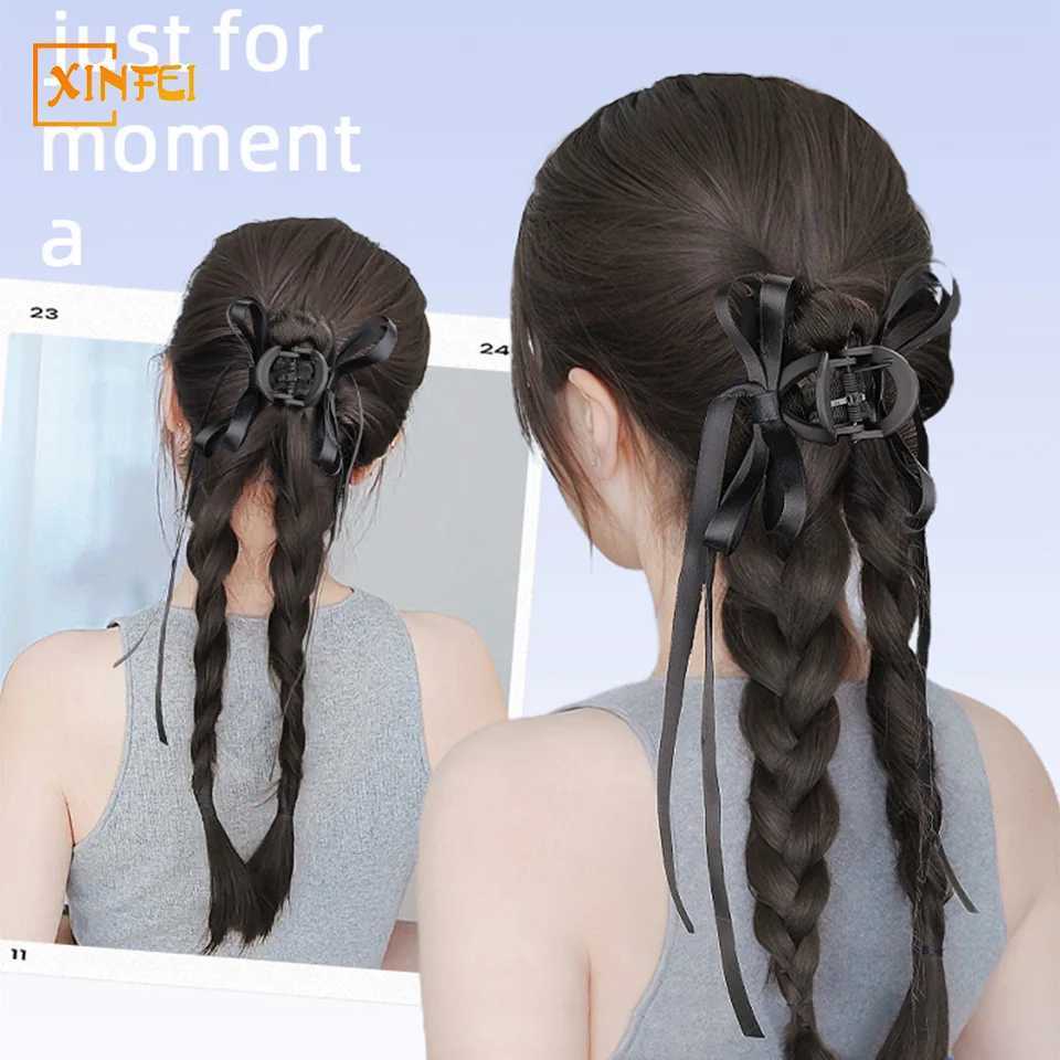 Synthetic wig ponytail womens natural hair extended ribbon fluffy grab clip style braided hair high ponytail hairstyle W240817