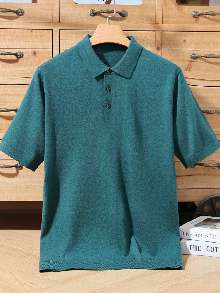 Spring Summer Mens Polo T-shirt Thin Soft Smart Casual Short Sleeve Pullover Sweater 30% Merino Wool Knitwear Korean Fashion 240820
