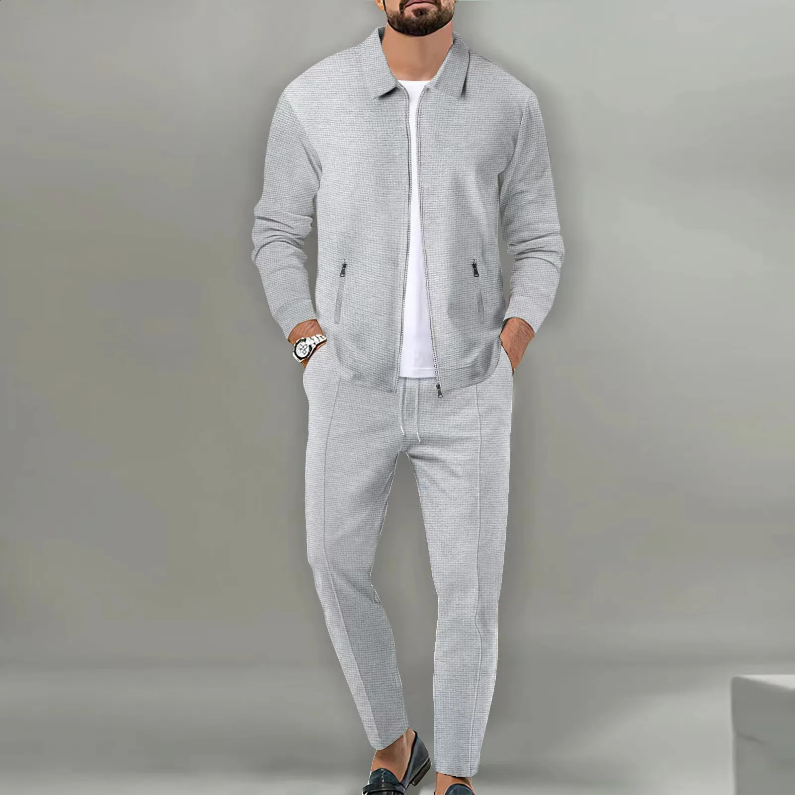 Spring Autumn Mens Two Piece Set Solid Waffle Zipper Pocket Turn-down Collar Slim Fit Cardigan Coat And Long Pants Mens Suits 240819