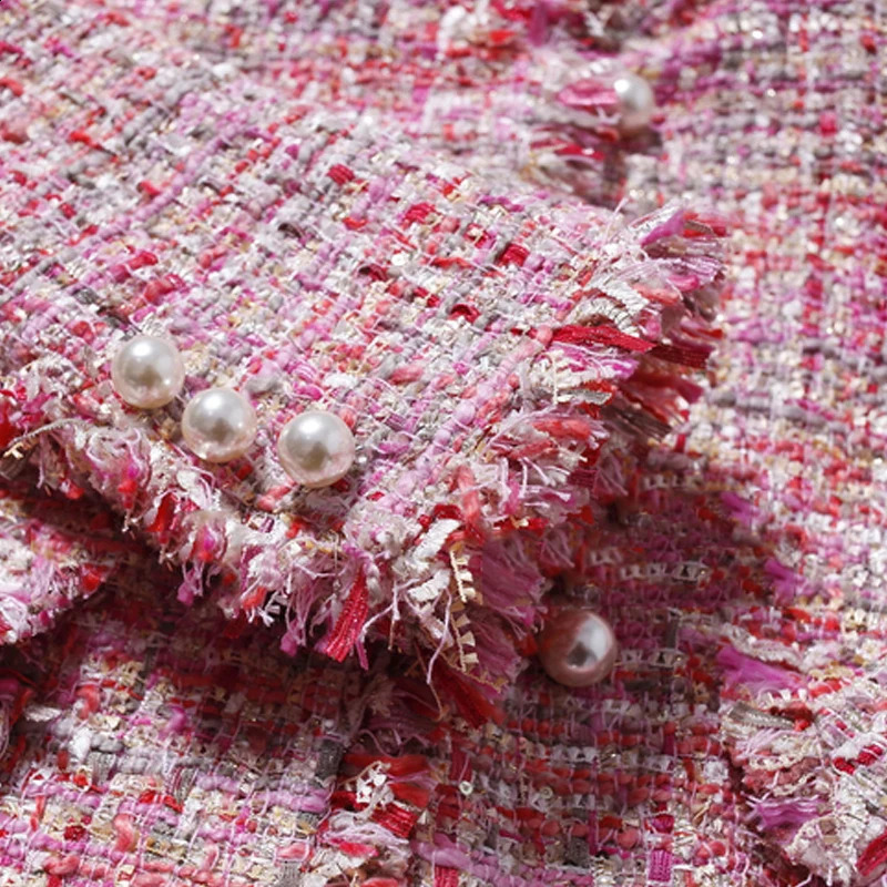 Pink tweed jacket for springautumnwinter womens classic wild wide silk woven 240819