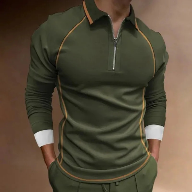 Mens Casual 3D Digital Printed Zipper Polo Shirt Fashion Solid Color Plus Size Series Lapel Long Sleeve 240820