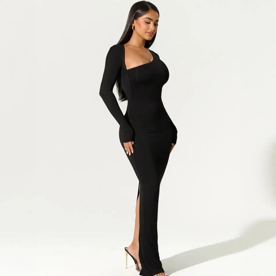 Sexy Black Evening Party Dress Women Elegant Fall Winter Outfits Asymmetrical Long Sleeve Slit Maxi Dresses 809 240819