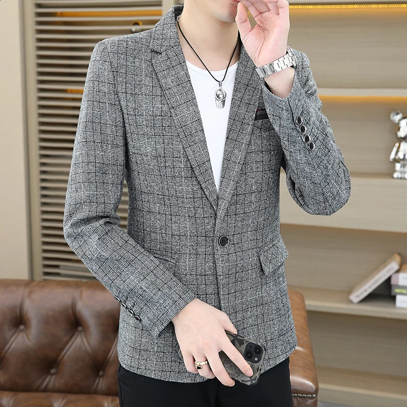 Mens Fashion Business Gentleman Jacket Korean Edition Trend Casual Plaid Wedding Celebration British Style Slimming Set 240819