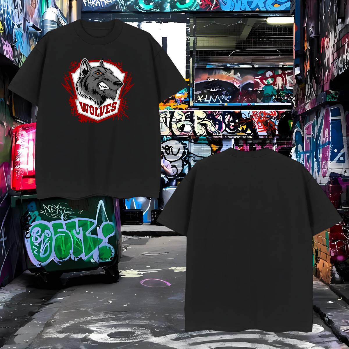 Loose Fit T Shirts Men wolf O Neck Short Sleeves Street Black White 100% Cotton 230g Tshirts Fashion Tees Shirts